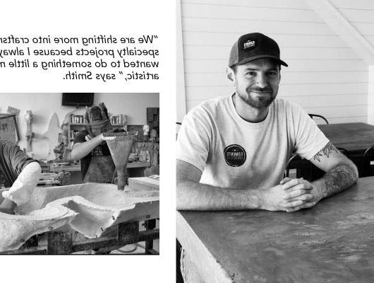 Joren Smith sitting at one of his custom made concrete tables and workers customizing a countertop